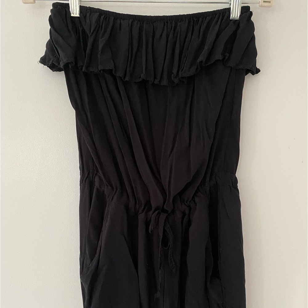Strapless black jumpsuit with tie waist